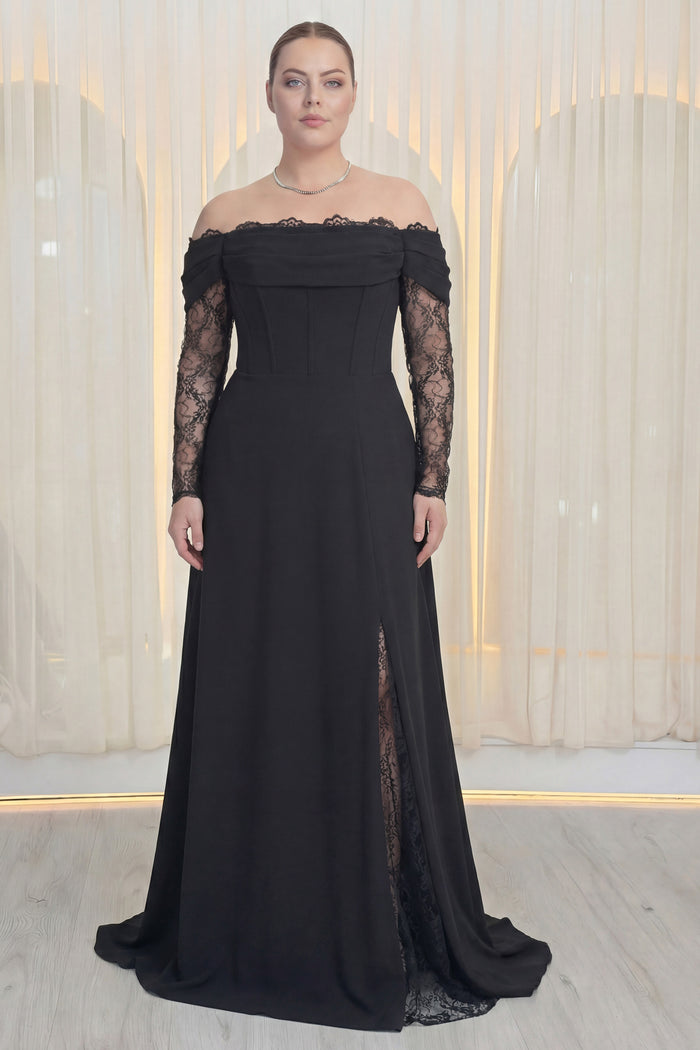 Kadın Düşük Omuz Dantel Detaylı Siyah Büyük Beden Abiye Elbise