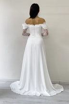 Beyaz Dantel Kollu Yırtmaçlı Tasarım Nikah Abiye Elbise 