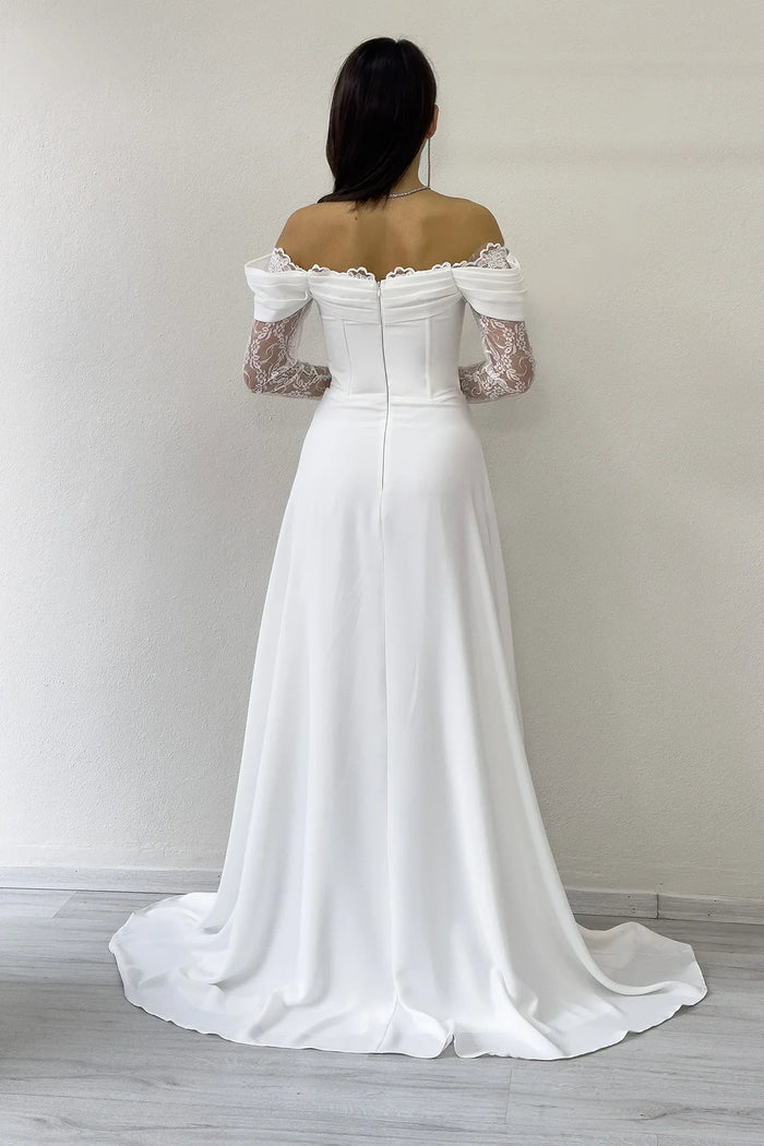 Beyaz Dantel Kollu Yırtmaçlı Tasarım Nikah Abiye Elbise 