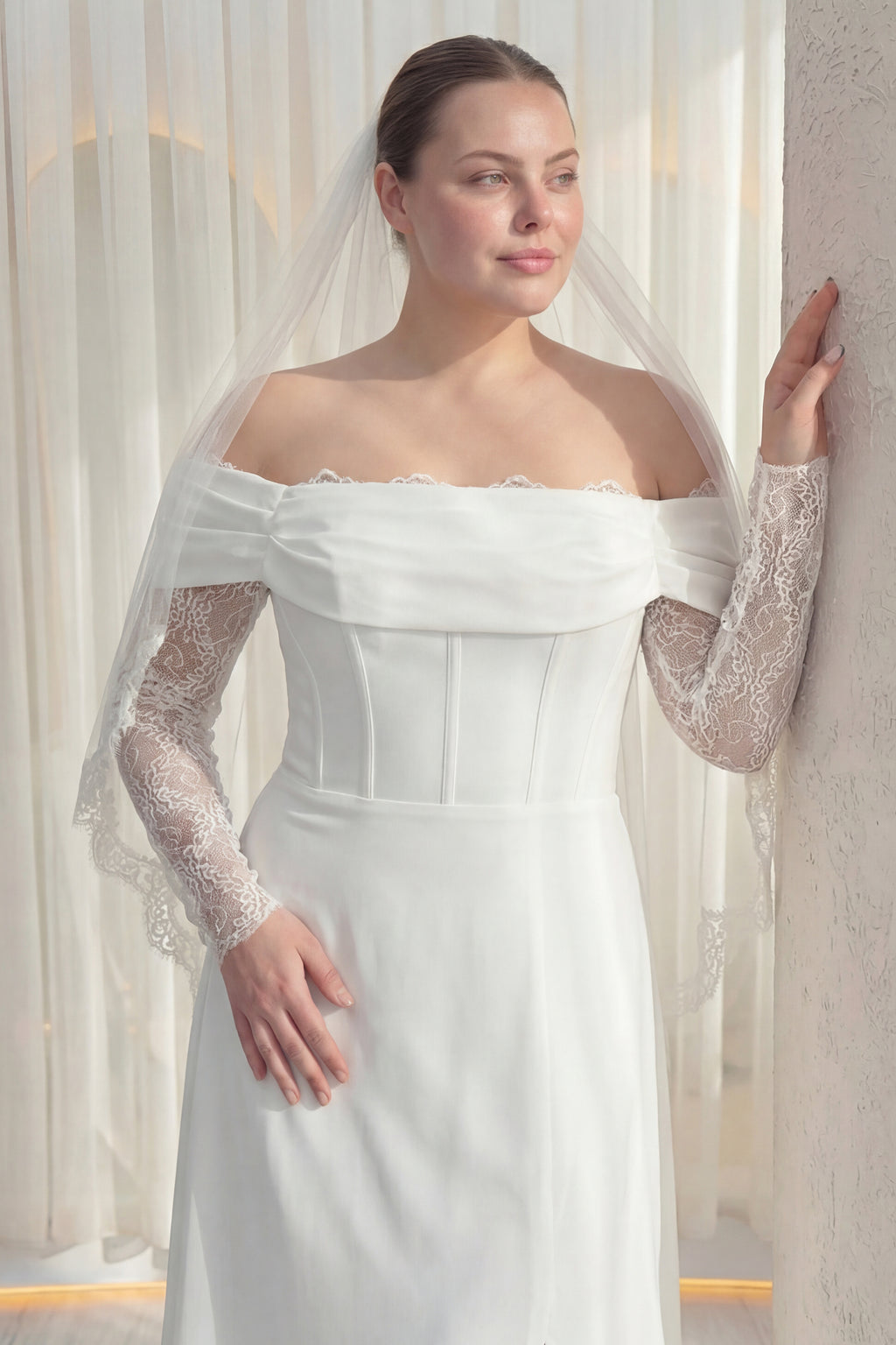 Kadın Düşük Omuz Dantel Detaylı Beyaz Nikah Büyük Beden Abiye Elbise