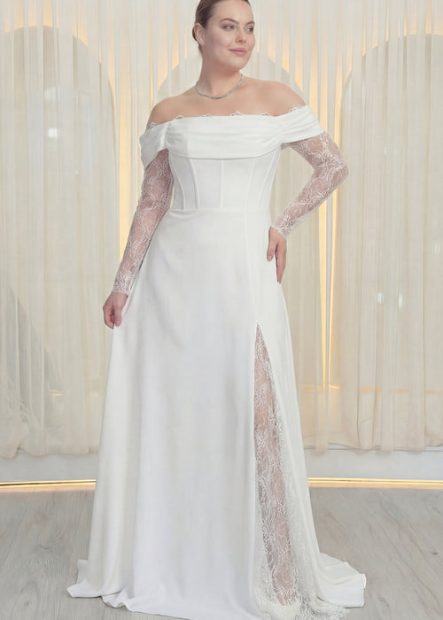 Kadın Düşük Omuz Dantel Detaylı Beyaz Nikah Büyük Beden Abiye Elbise