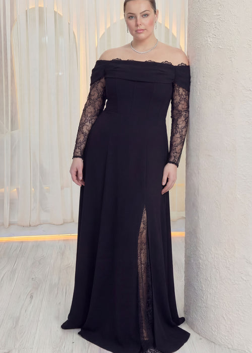 Kadın Düşük Omuz Dantel Detaylı Siyah Büyük Beden Abiye Elbise