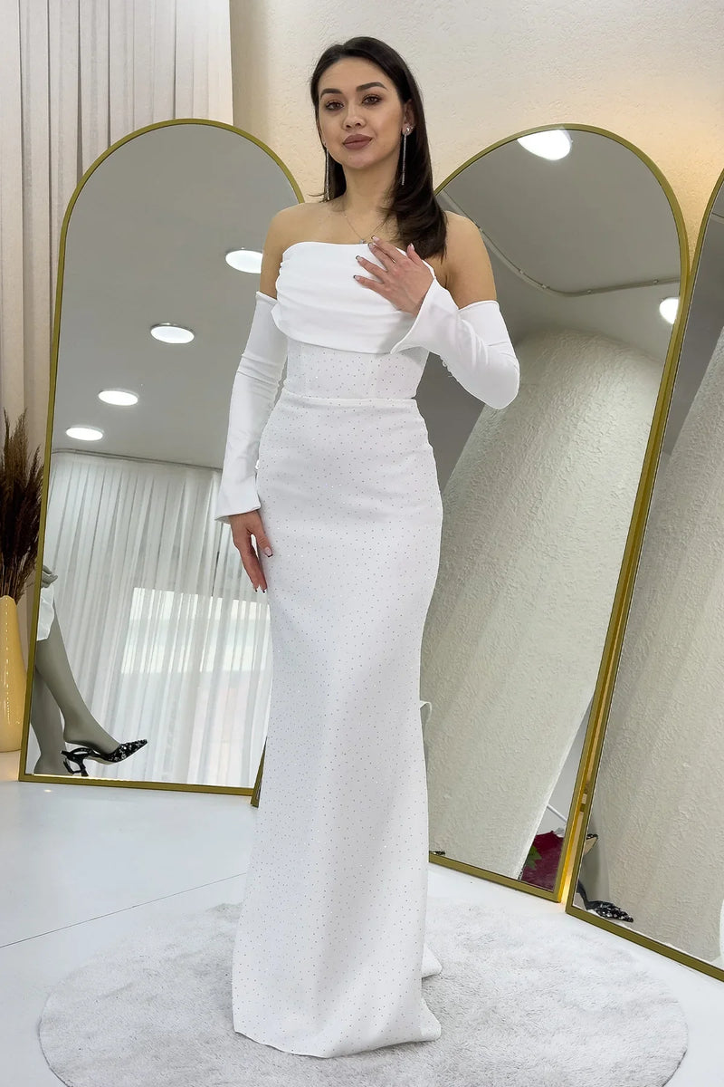 Kadın Taş Detaylı Beyaz Straplez Kol Aksesuarlı Balık Saten Alya Nikah Elbise