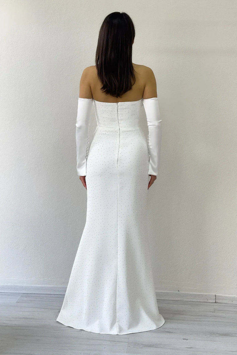 Kadın Taş Detaylı Beyaz Straplez Kol Aksesuarlı Balık Saten Alya Nikah Elbise