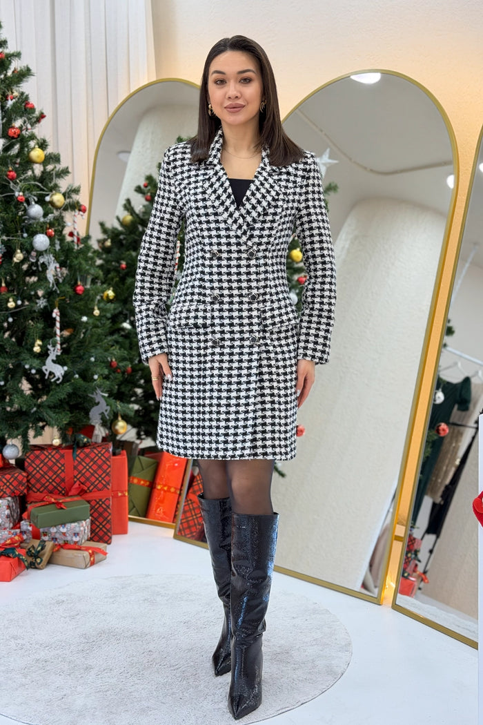 Kazayağı Desenli Düğmeli Kruvaze Kaşe Kaban