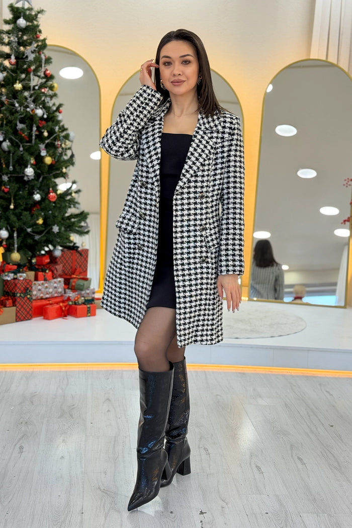 Kazayağı Desenli Düğmeli Kruvaze Kaşe Kaban