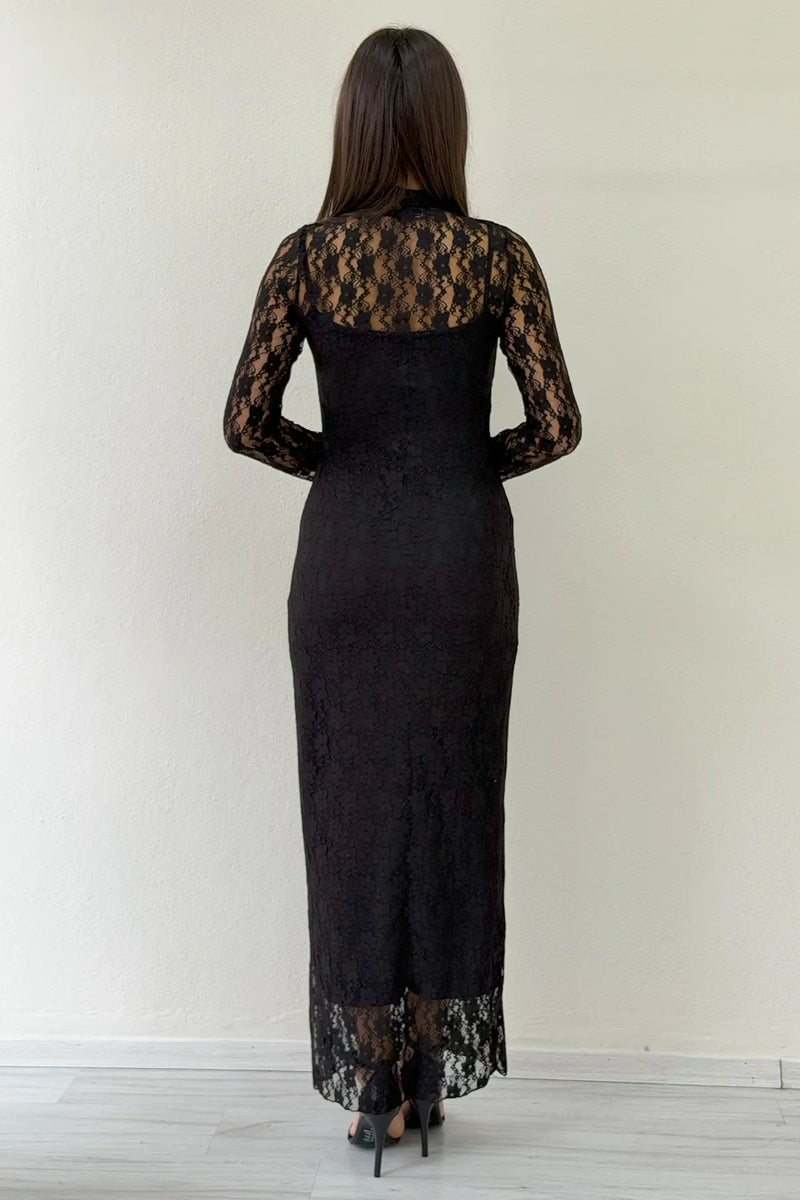 Siyah İç Astarlı Dik Yaka Midi Boy Dantel Elbise 