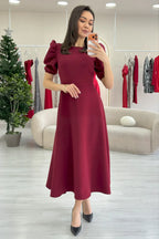 Bordo Balon Kol Midi Boy Volanlı Elbise 