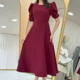 Bordo Balon Kol Midi Boy Volanlı Elbise