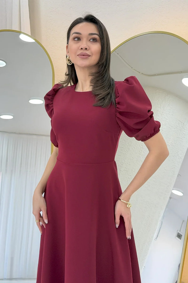 Bordo Balon Kol Midi Boy Volanlı Elbise 