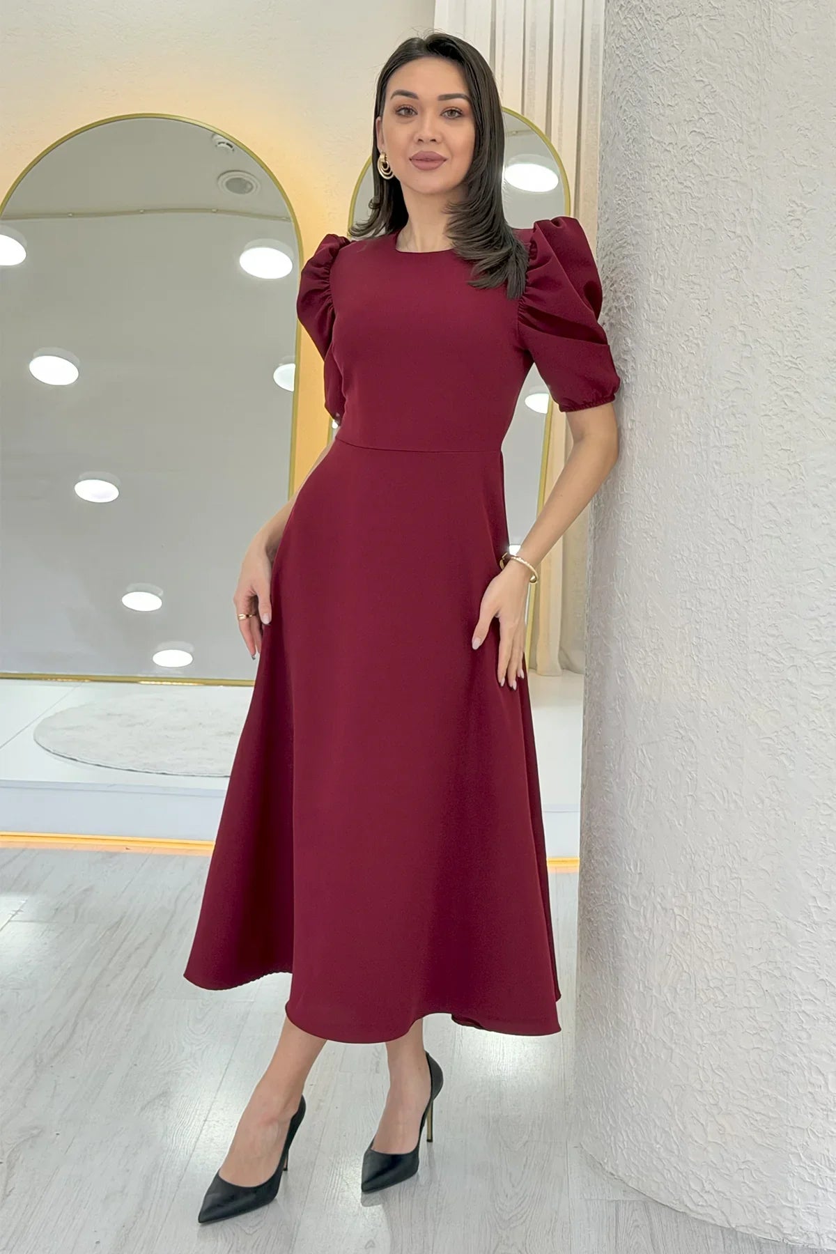 Bordo Balon Kol Midi Boy Volanlı Elbise 
