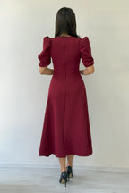 Bordo Balon Kol Midi Boy Volanlı Elbise 