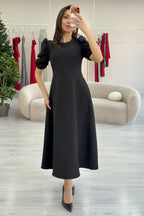 Siyah Balon Kol Midi Boy Volanlı Elbise