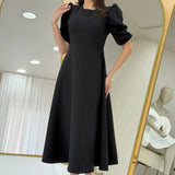 Siyah Balon Kol Midi Boy Volanlı Elbise