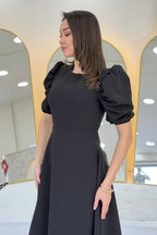 Siyah Balon Kol Midi Boy Volanlı Elbise