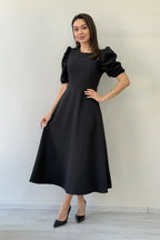 Siyah Balon Kol Midi Boy Volanlı Elbise
