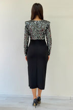 Gümüş Pul Payet Kruvaze Yaka Drapeli Midi Boy Abiye Elbise