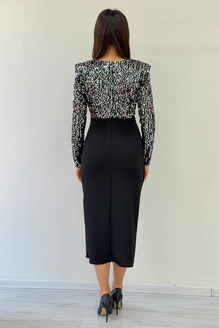 Gümüş Pul Payet Kruvaze Yaka Drapeli Midi Boy Abiye Elbise