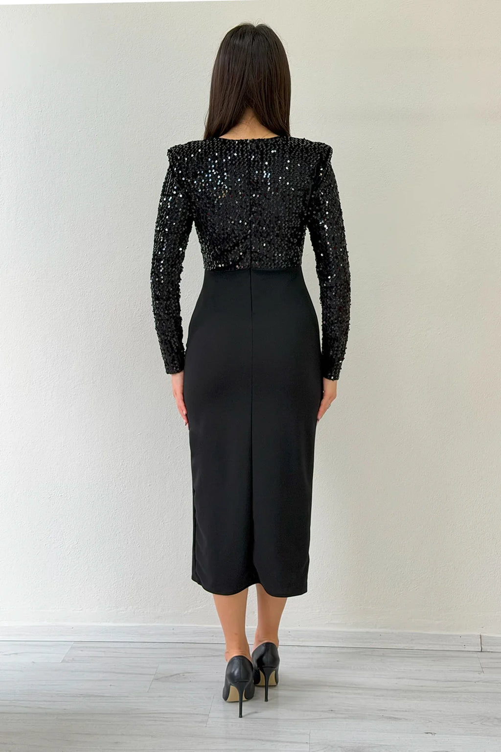 Siyah Pul Payet Kruvaze Yaka Drapeli Midi Boy Abiye Elbise