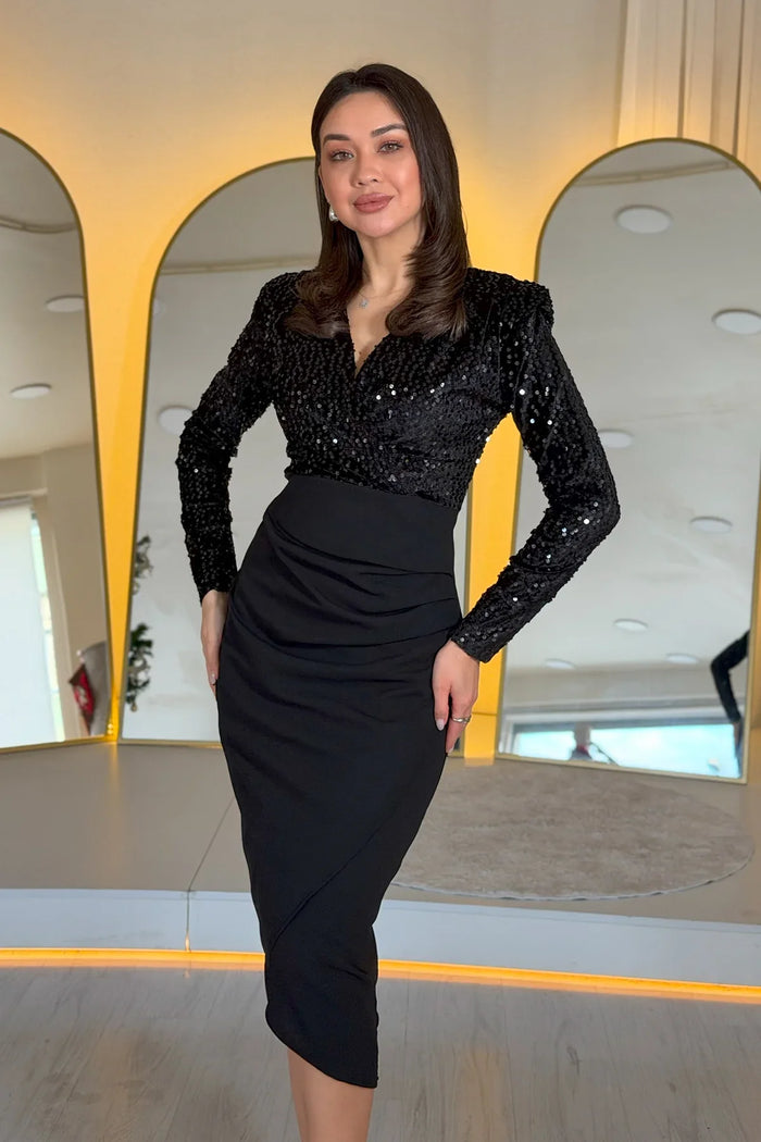 Siyah Pul Payet Kruvaze Yaka Drapeli Midi Boy Abiye Elbise