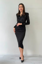 Siyah Pul Payet Kruvaze Yaka Drapeli Midi Boy Abiye Elbise