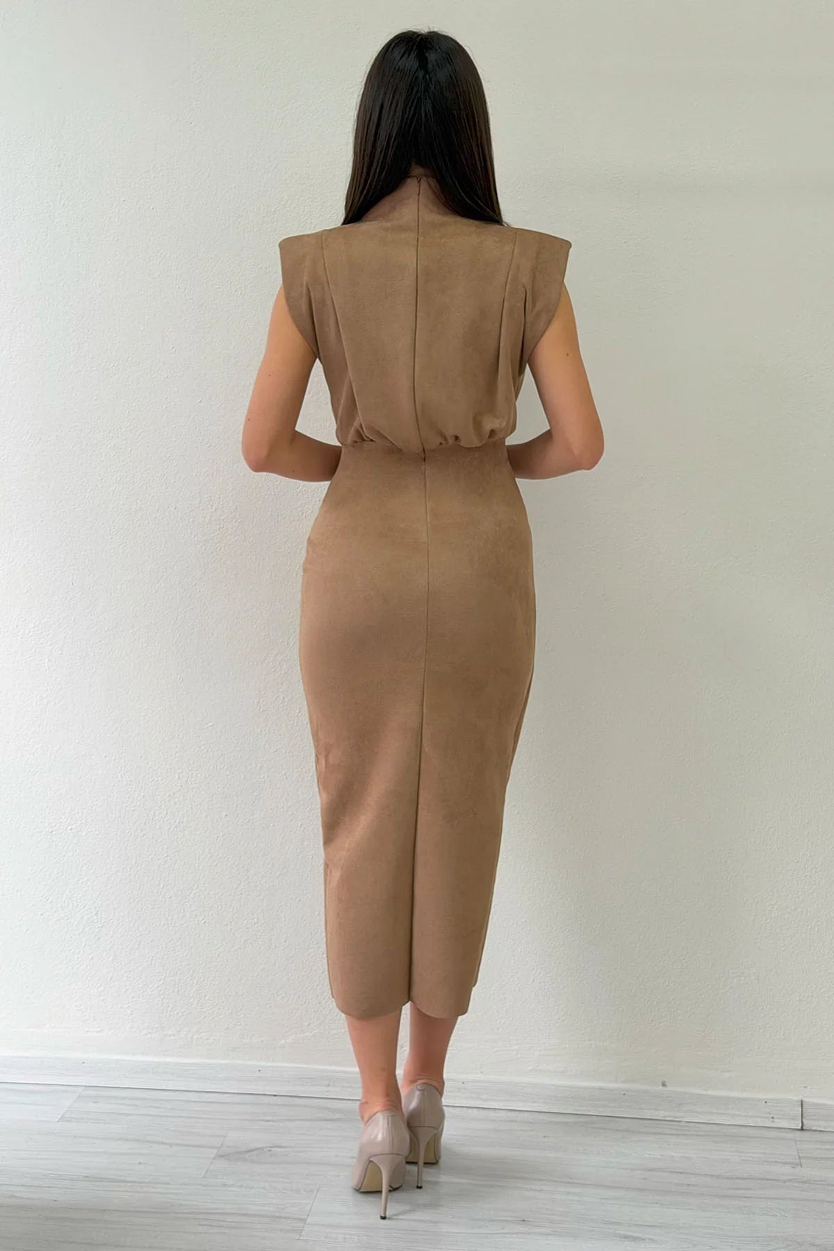 Kadın Vizon Vatkalı Drape Detaylı Süet Elbise 