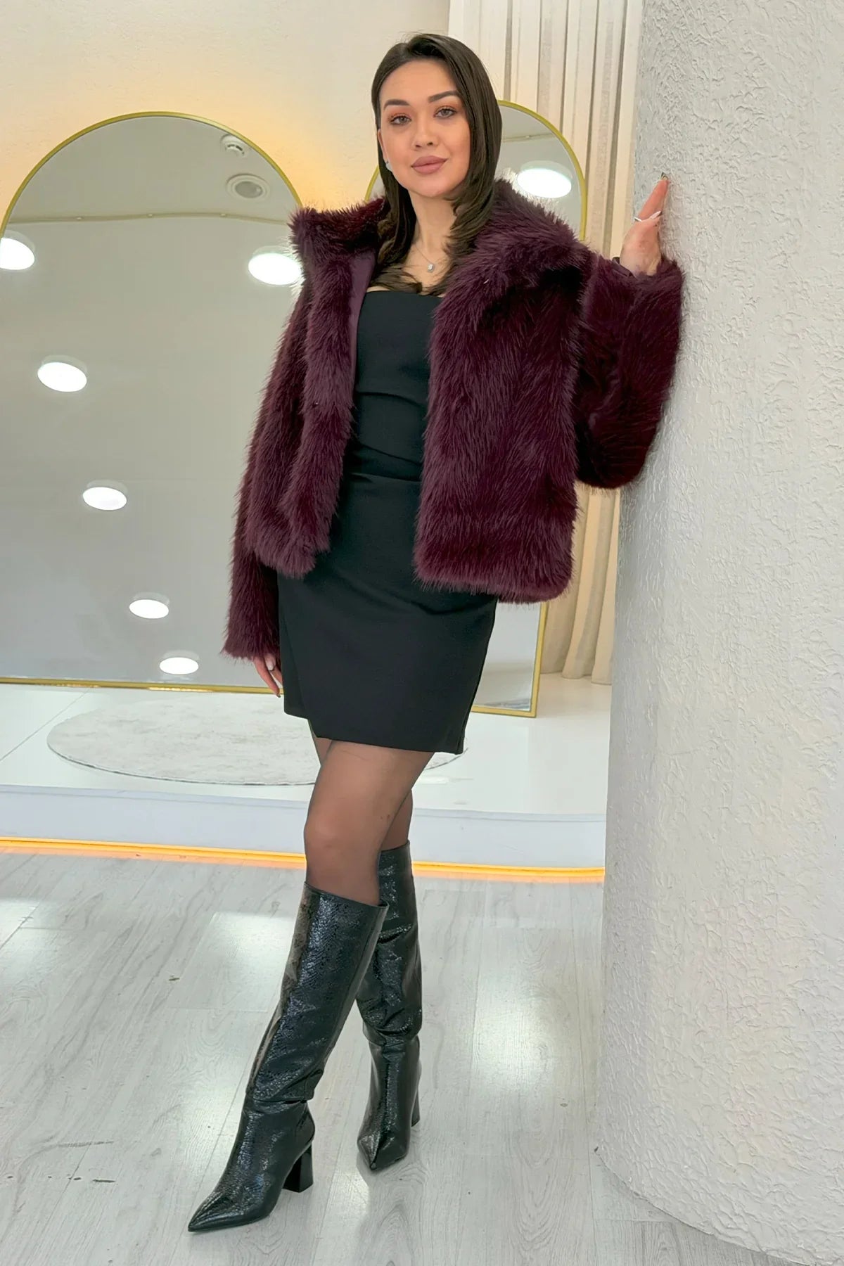 Kısa Mürdüm Suni Kürk Ceket 