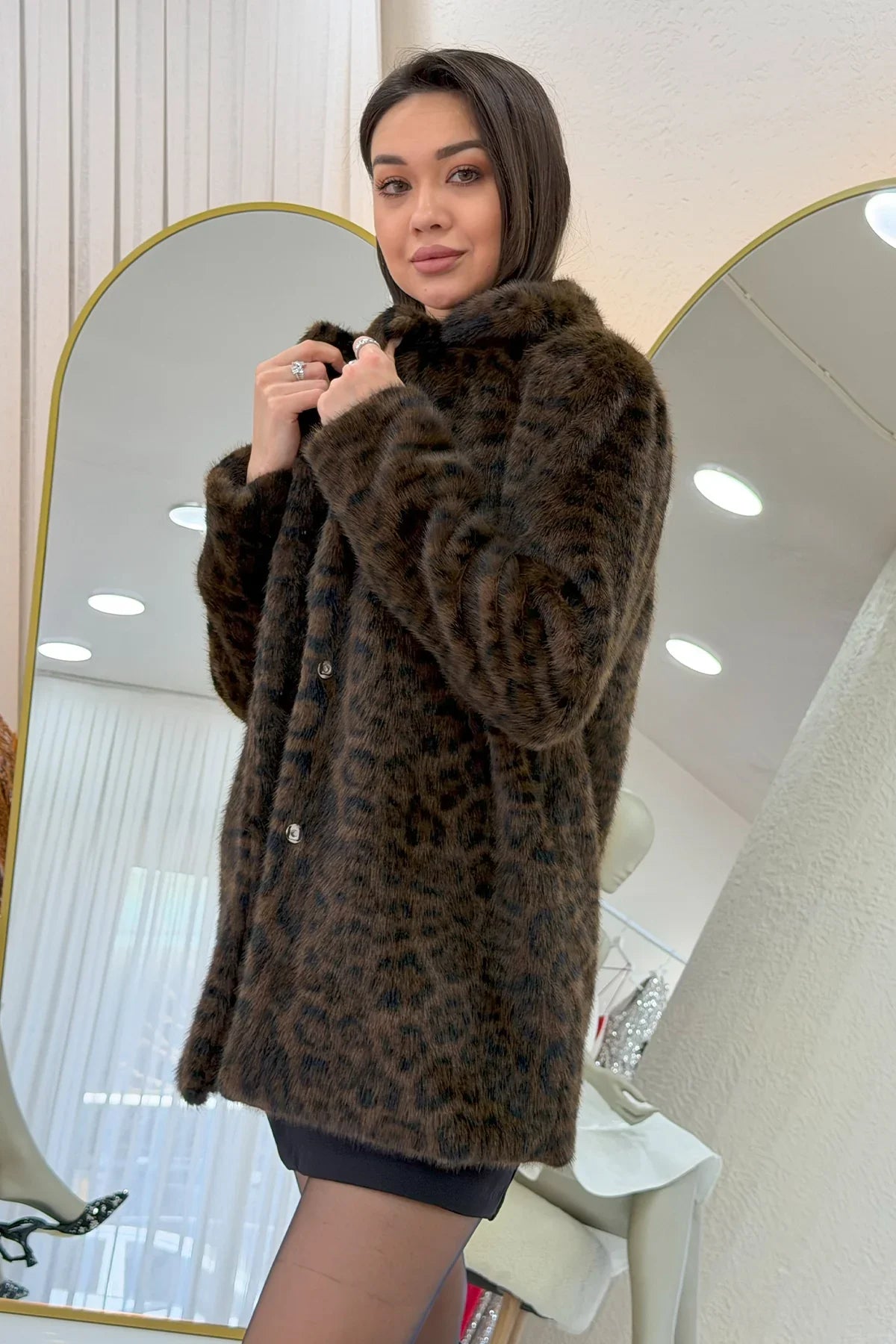 Kahverengi Leopar Desen Çıt Çıt Kapamalı Suni Kürk