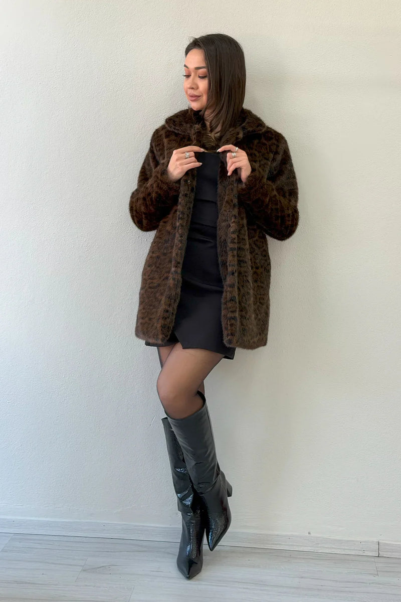 Kahverengi Leopar Desen Çıt Çıt Kapamalı Suni Kürk