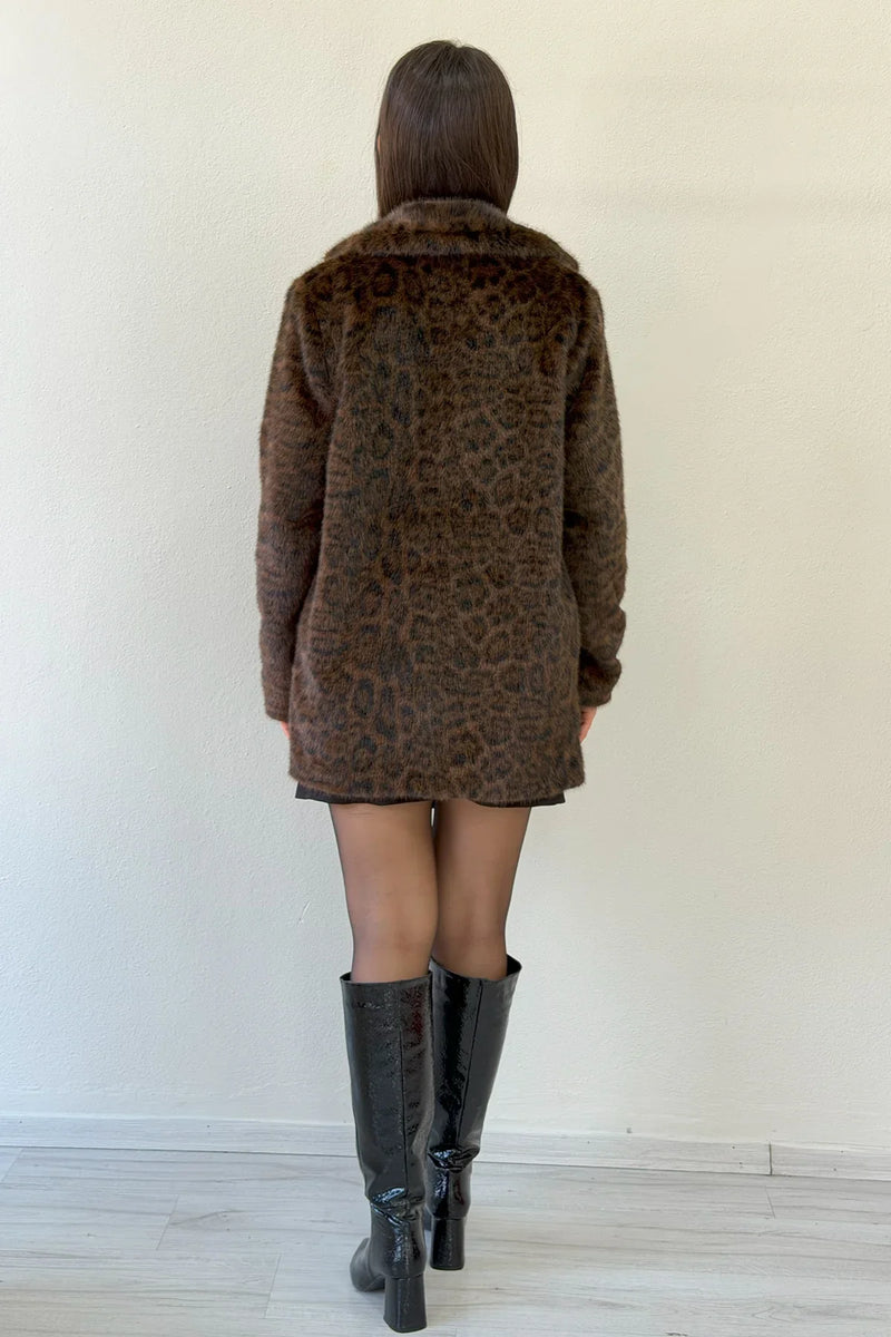 Kahverengi Leopar Desen Çıt Çıt Kapamalı Suni Kürk