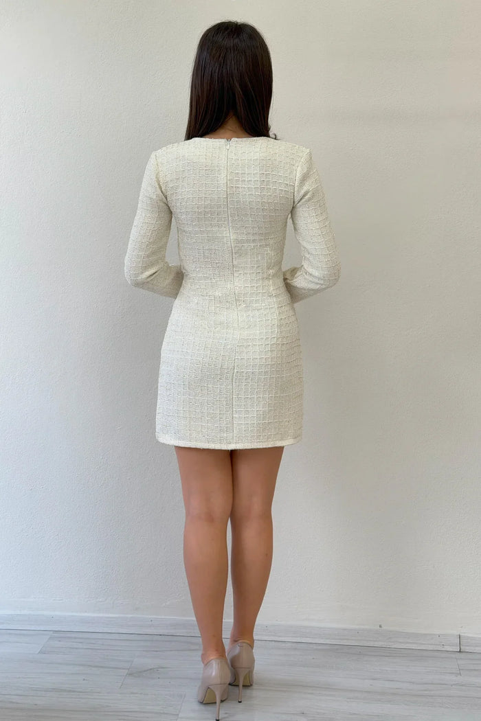 Ekru Kare Yaka Uzun Kol Tüvit Elbise