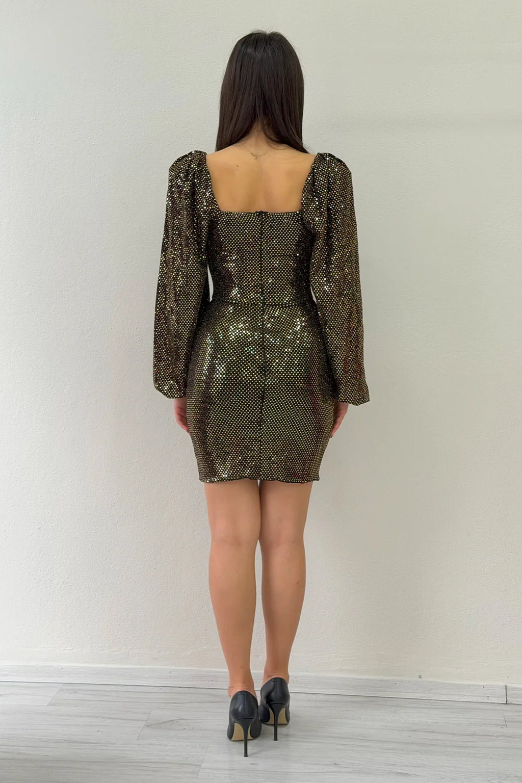 Gold Balon Kol Mini Drapeli Abiye Elbise