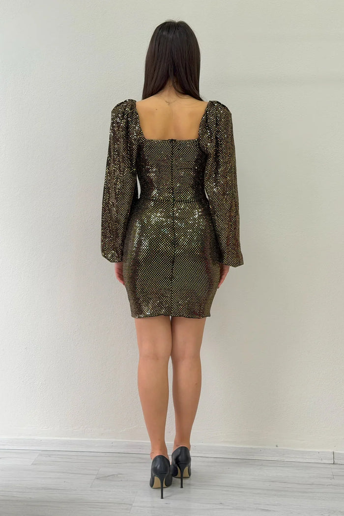 Gold Balon Kol Mini Drapeli Abiye Elbise