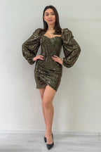 Gold Balon Kol Mini Drapeli Abiye Elbise