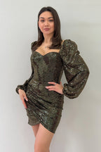 Gold Balon Kol Mini Drapeli Abiye Elbise