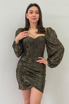 Gold Balon Kol Mini Drapeli Abiye Elbise