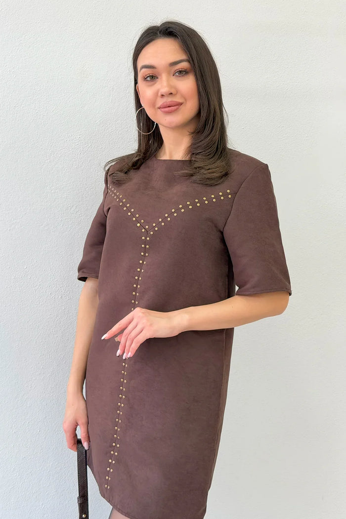 Kahverengi Zımba Detaylı Süet Mini Elbise 