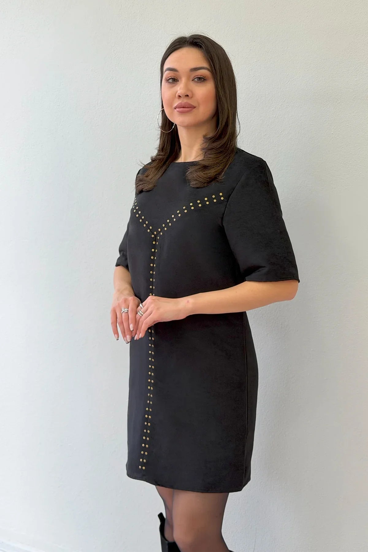 Siyah Zımba Detaylı Süet Mini Elbise 