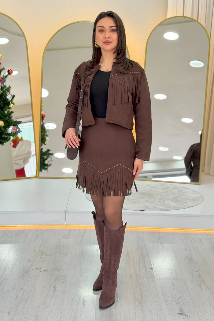 Kahverengi Saçaklı Ceket Etek İkili Süet Takım