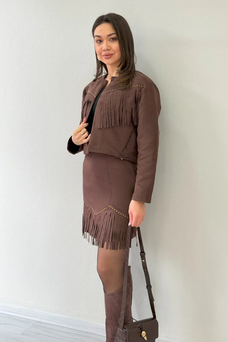 Kahverengi Saçaklı Ceket Etek İkili Süet Takım