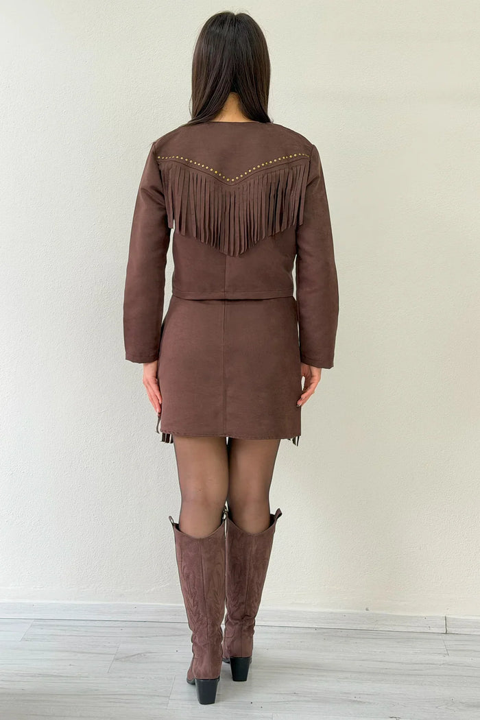 Kahverengi Saçaklı Ceket Etek İkili Süet Takım