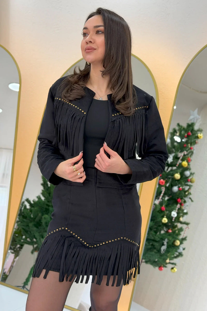 Siyah Saçaklı Ceket Etek İkili Süet Takım