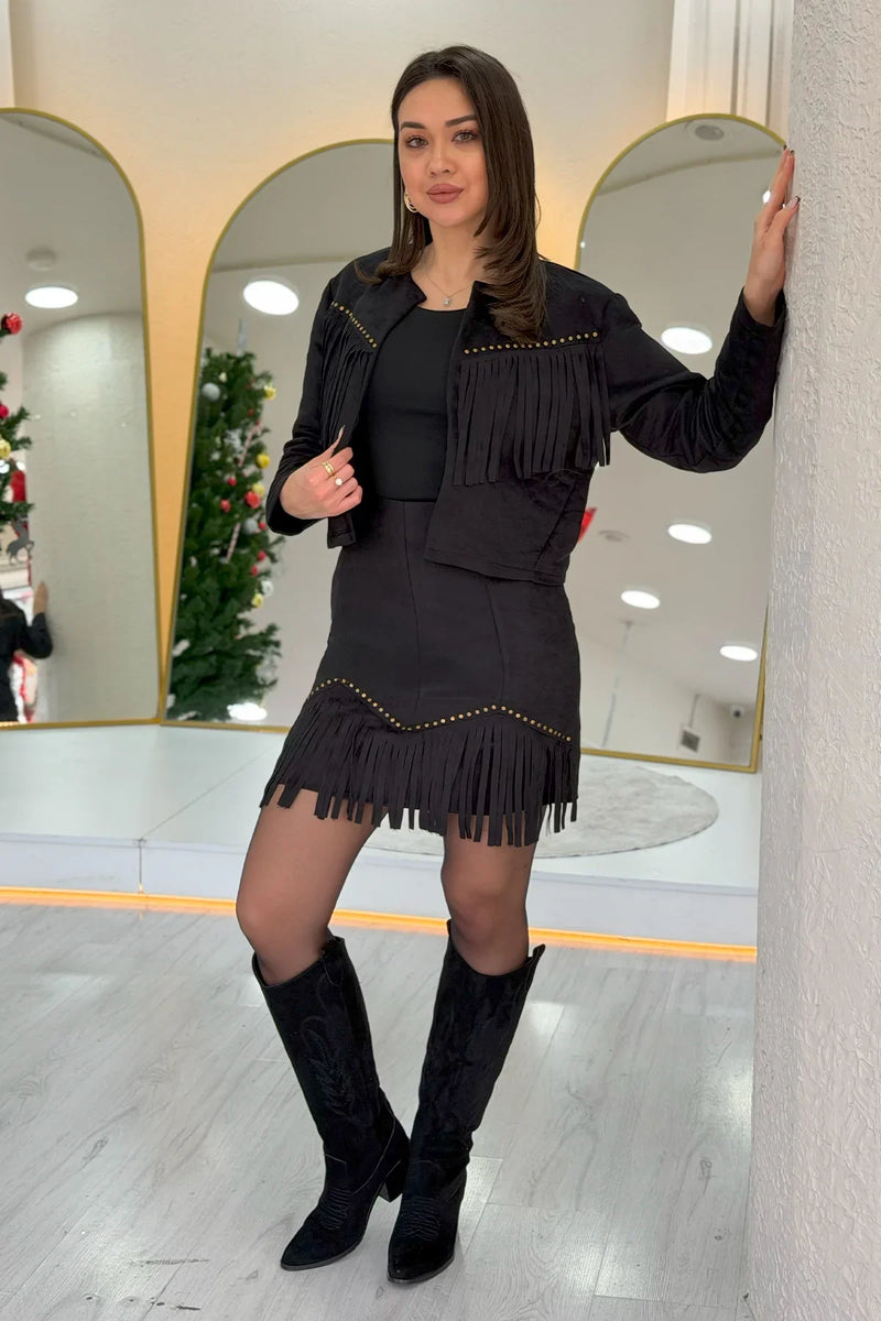 Siyah Saçaklı Ceket Etek İkili Süet Takım