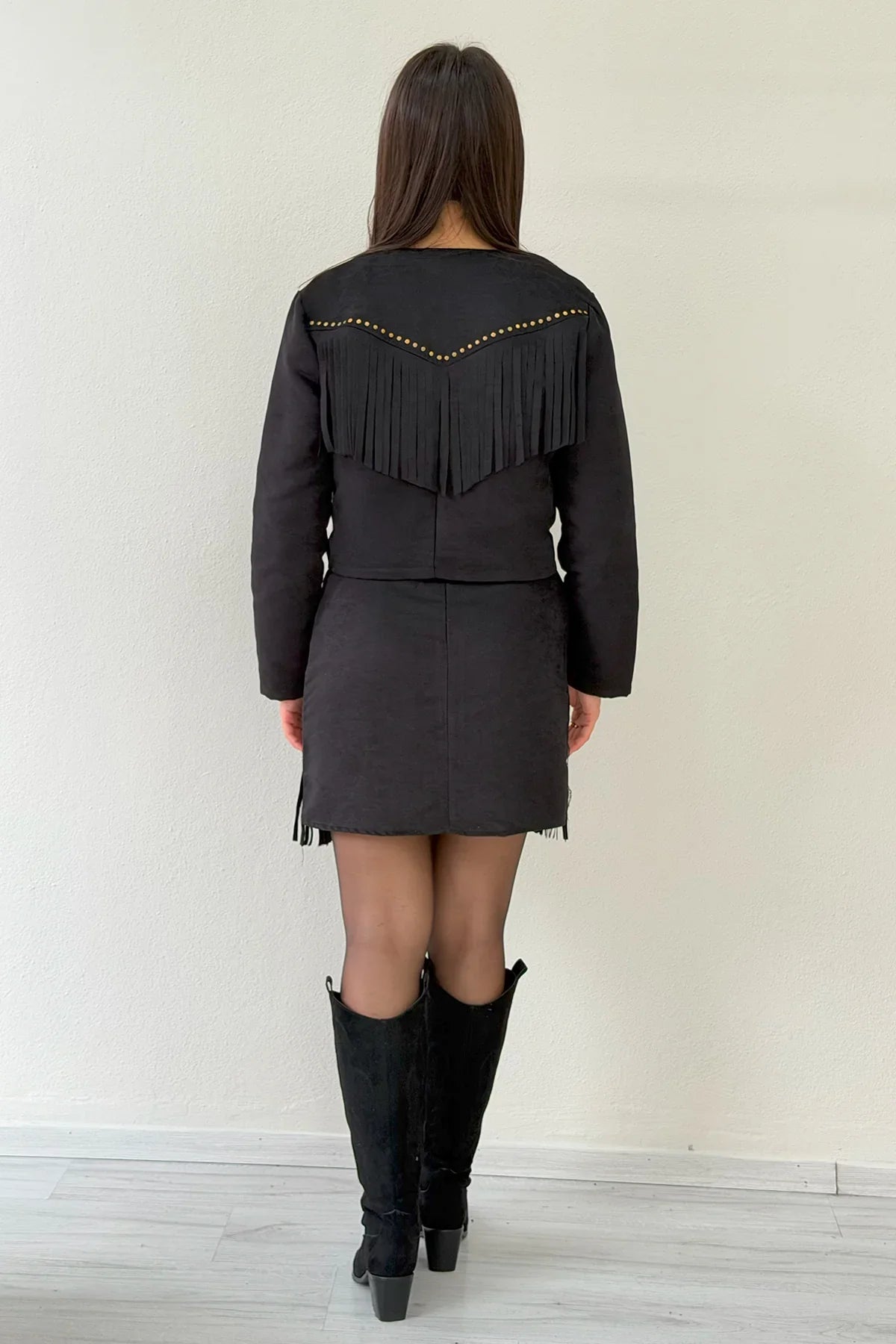 Siyah Saçaklı Ceket Etek İkili Süet Takım