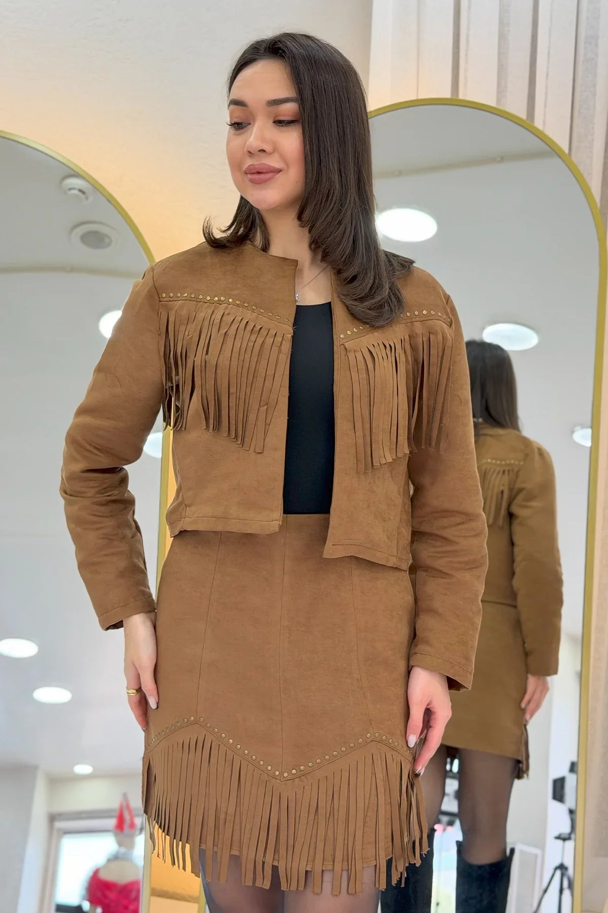 Taba Saçaklı Ceket Etek İkili Süet Takım