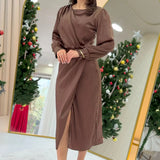 Taba Saten Drape Detaylı Yırtmaçlı Abiye Elbise