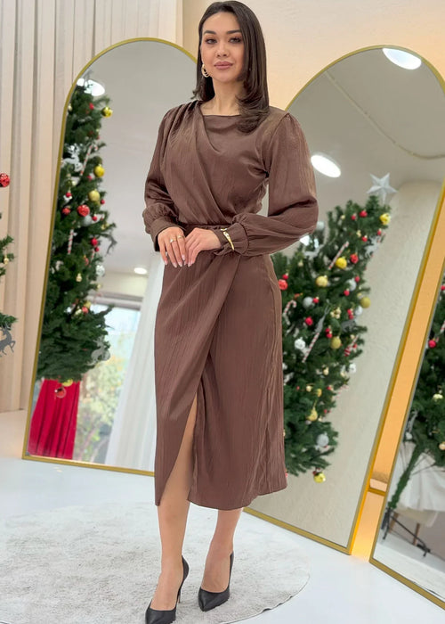 Taba Saten Drape Detaylı Yırtmaçlı Abiye Elbise