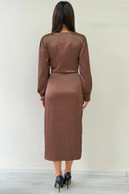 Taba Saten Drape Detaylı Yırtmaçlı Abiye Elbise 