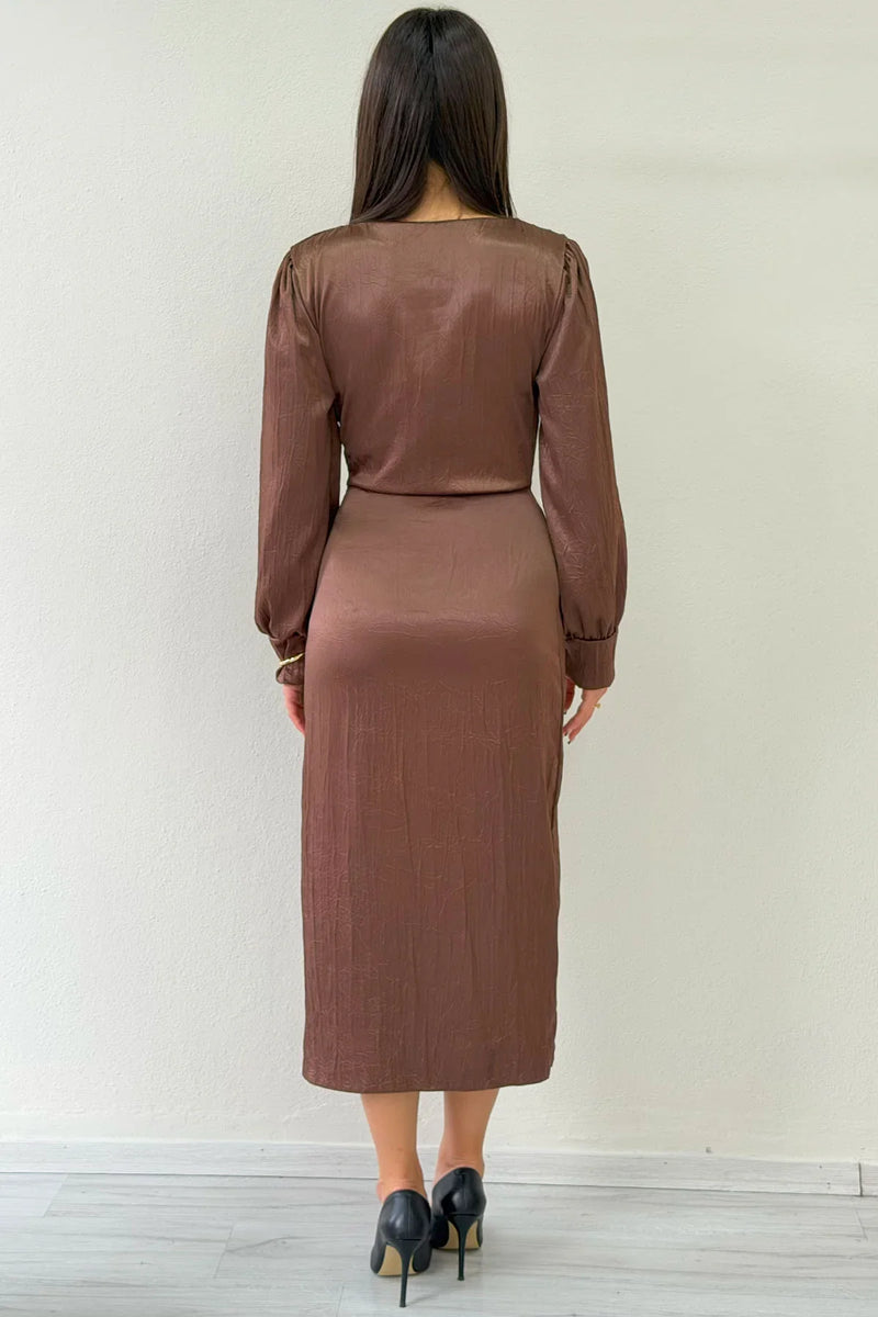 Taba Saten Drape Detaylı Yırtmaçlı Abiye Elbise 