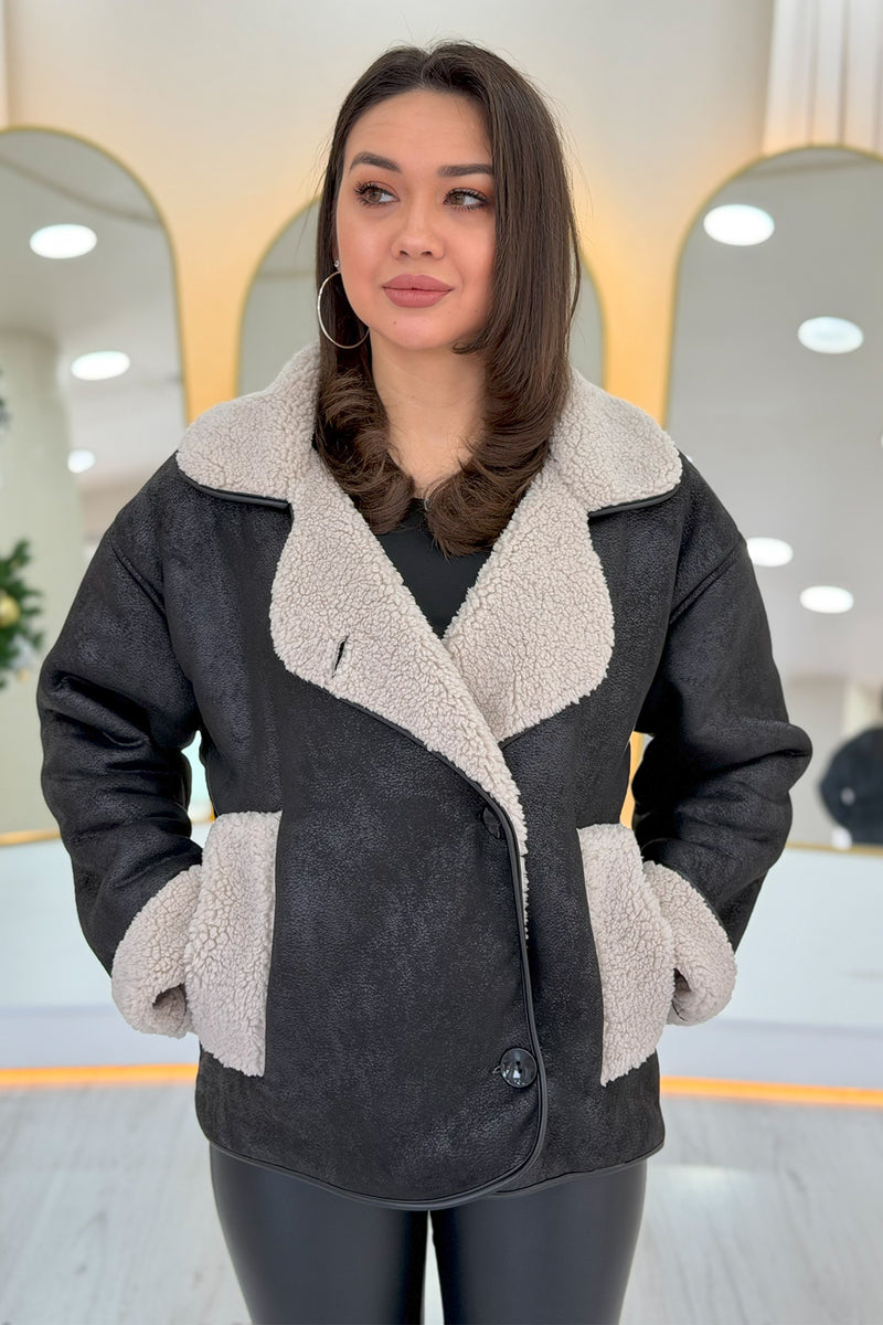 Siyah İçi Kürklü Suni Deri Çift Cepli Ceket 